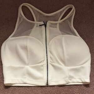 Sexy Athleisure Activewear White Yoga mesh Zip front Bra crop Top